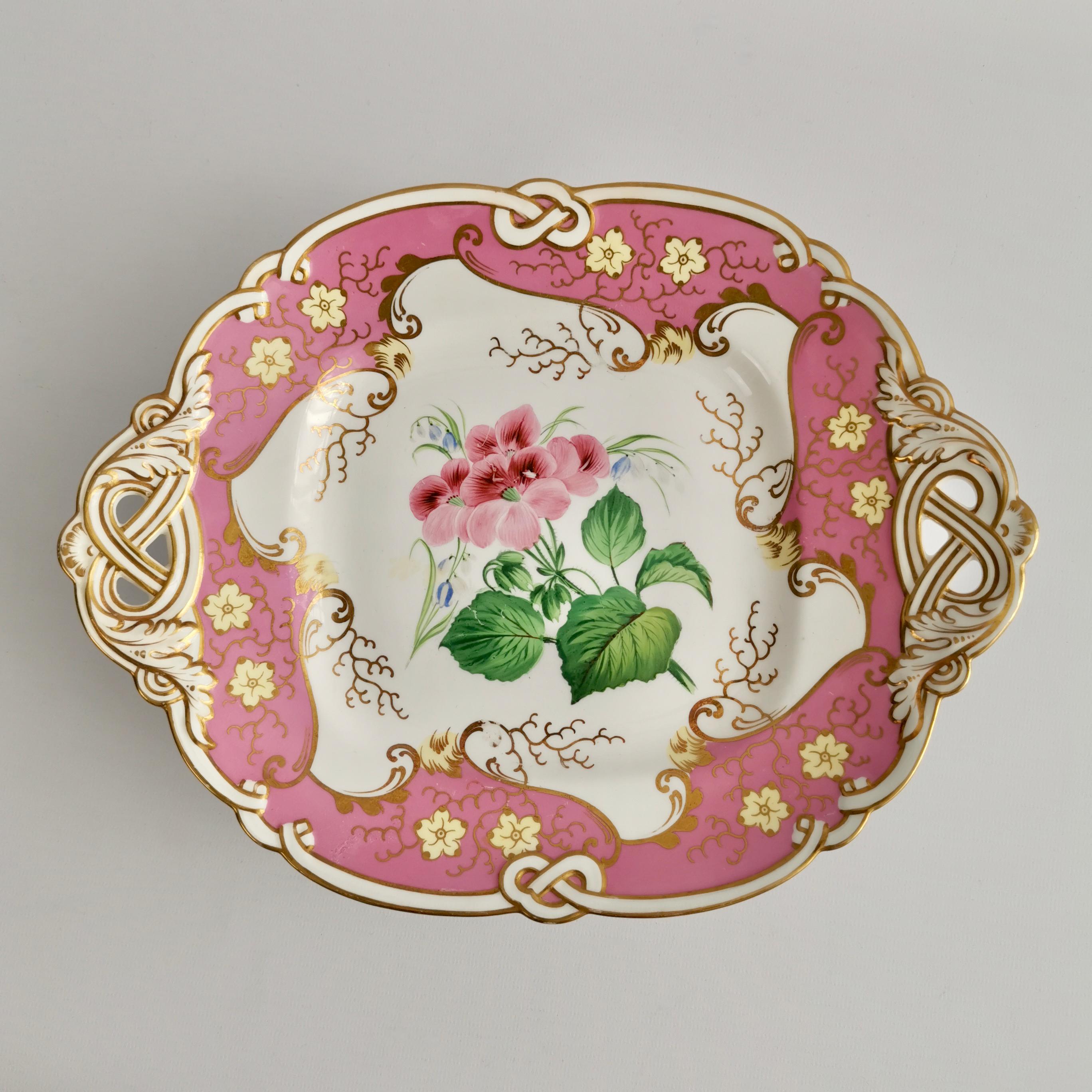 English Samuel Alcock Small Porcelain Dessert Set, Pink with Flowers, Victorian 1854