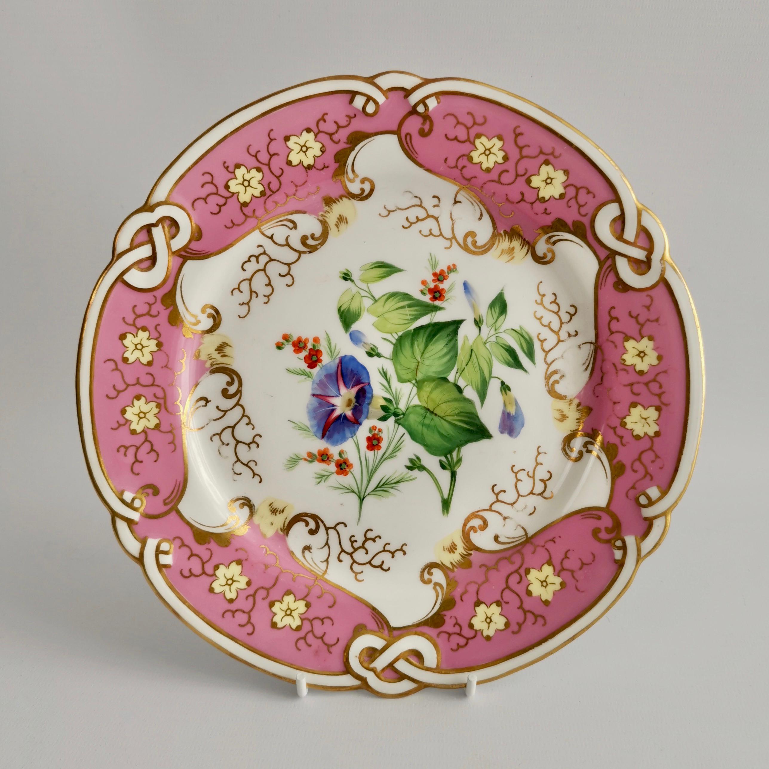 Hand-Painted Samuel Alcock Small Porcelain Dessert Set, Pink with Flowers, Victorian 1854