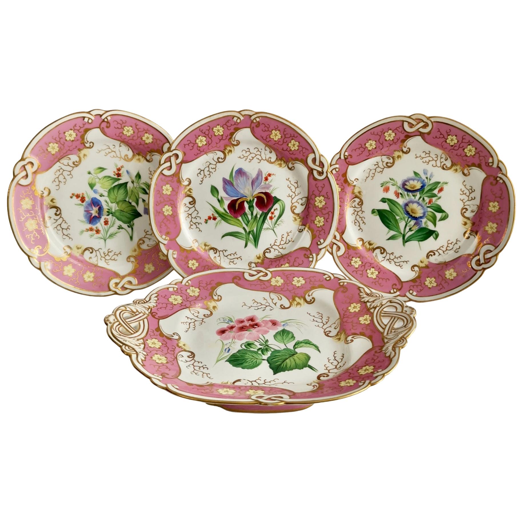 Samuel Alcock Small Porcelain Dessert Set, Pink with Flowers, Victorian 1854