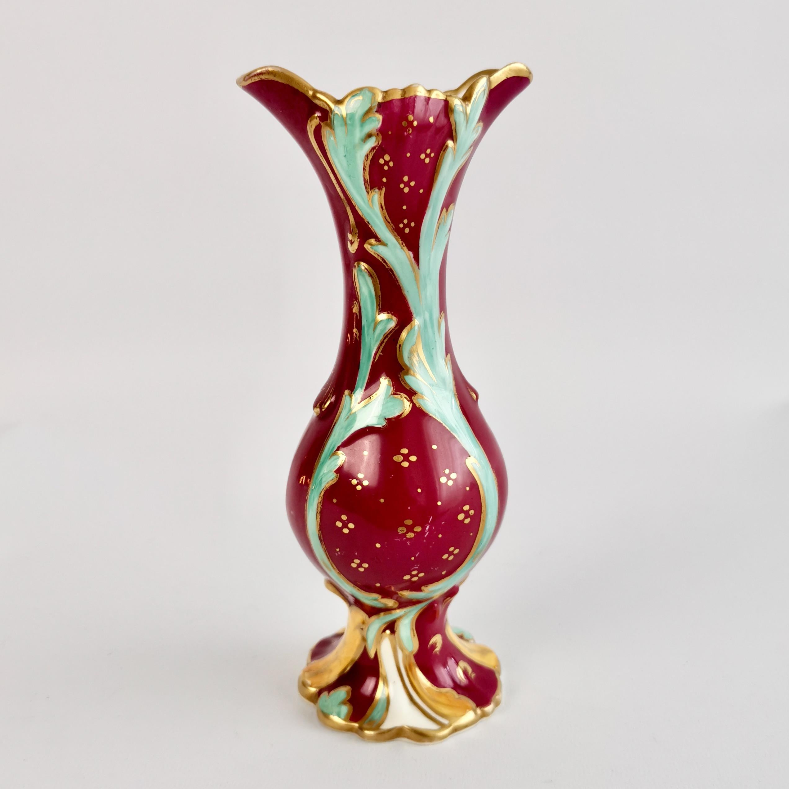 Hand-Painted Samuel Alcock Small Porcelain Vase, Maroon with Flowers, Rococo Revival