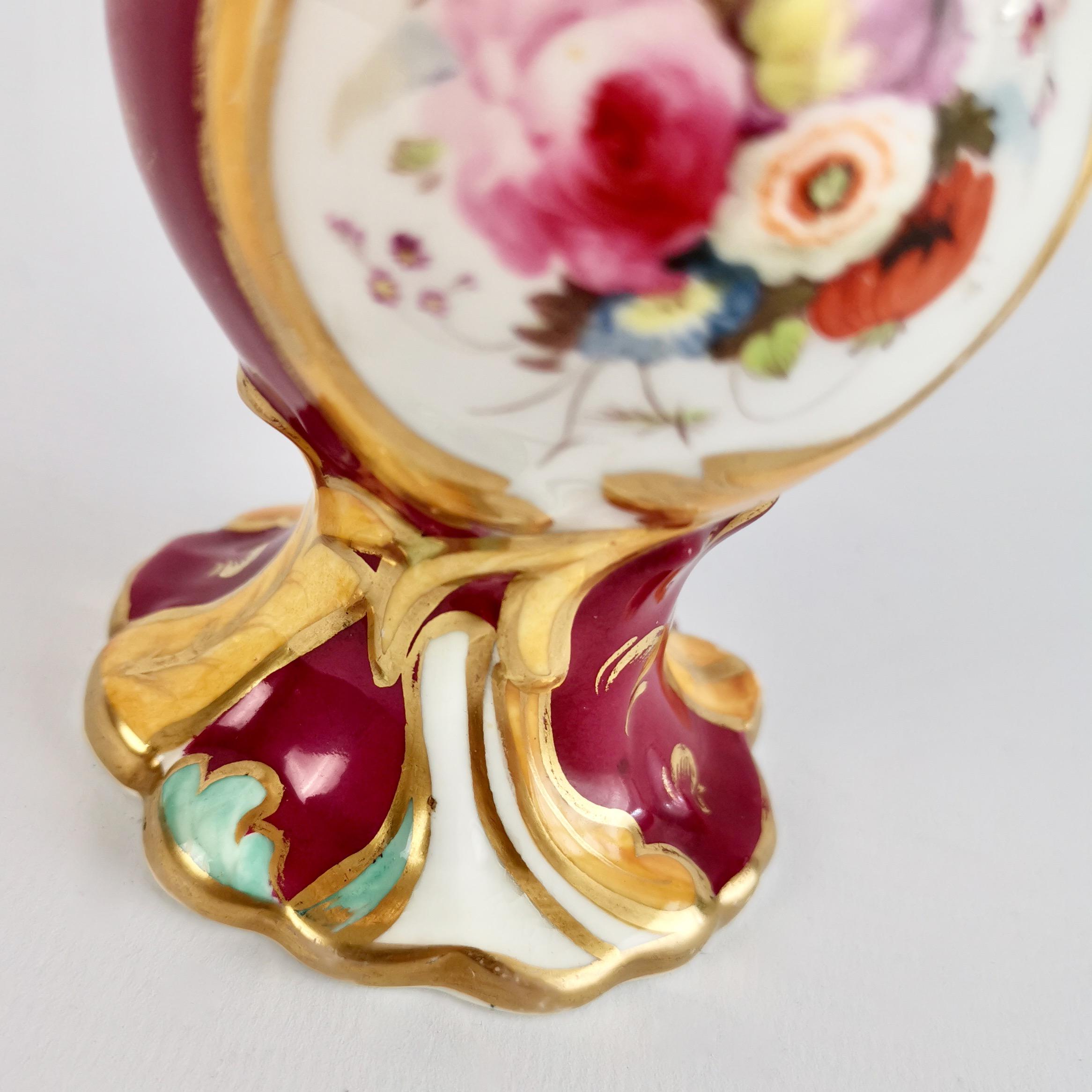 Samuel Alcock Small Porcelain Vase, Maroon with Flowers, Rococo Revival 1