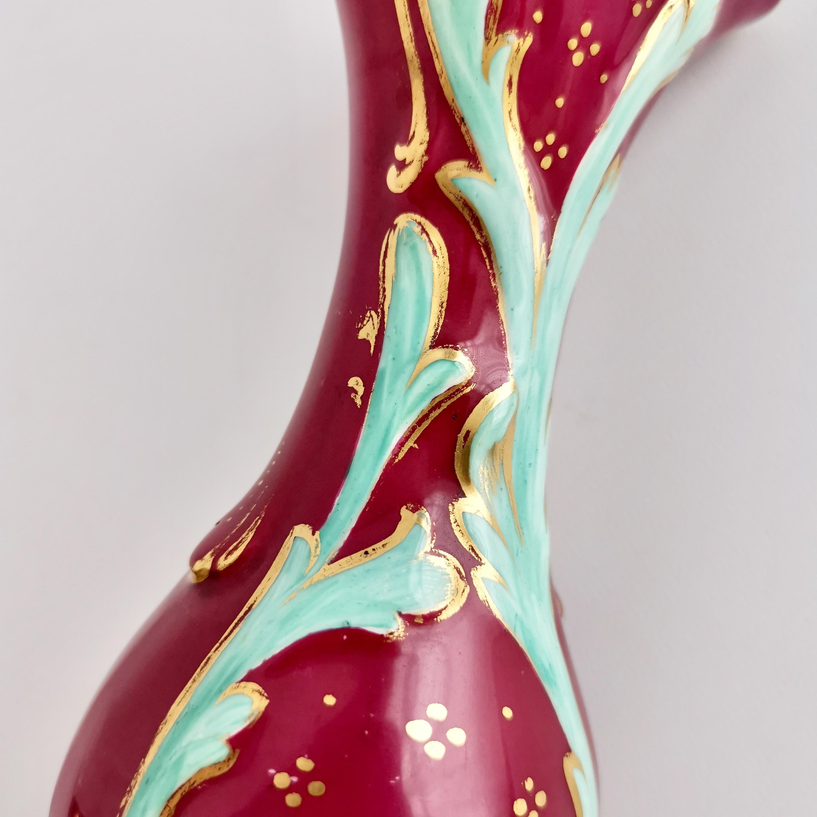 Samuel Alcock Small Porcelain Vase, Maroon with Flowers, Rococo Revival 3