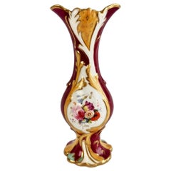 Samuel Alcock Small Porcelain Vase, Maroon with Flowers, Rococo Revival