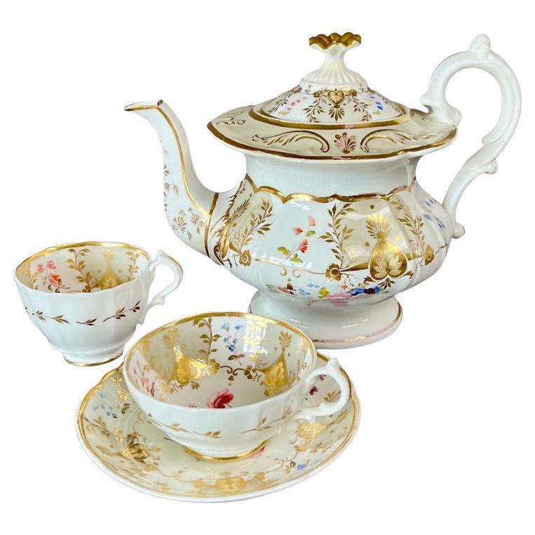 Samuel Alcock Solitaire Tea Set, Beige, Pale Yellow and Flowers, ca 1833 For Sale