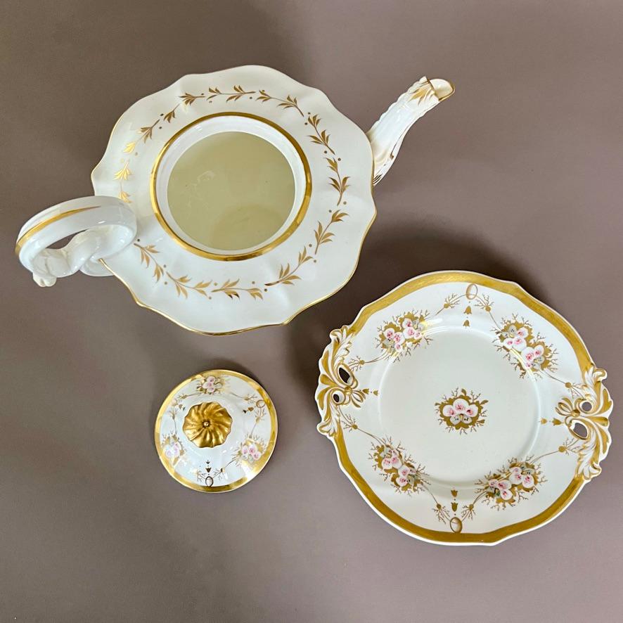 Samuel Alcock Solitaire Tea Set, White with Pink Flowers, Rococo Revival ca 1826 10