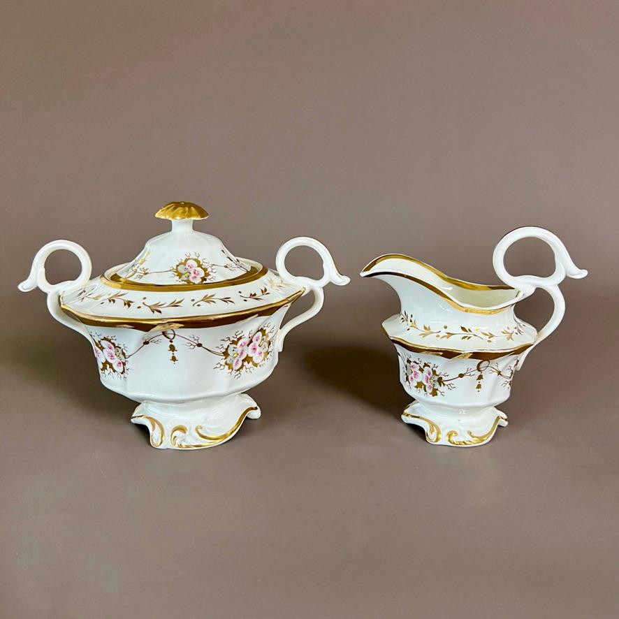 English Samuel Alcock Solitaire Tea Set, White with Pink Flowers, Rococo Revival ca 1826