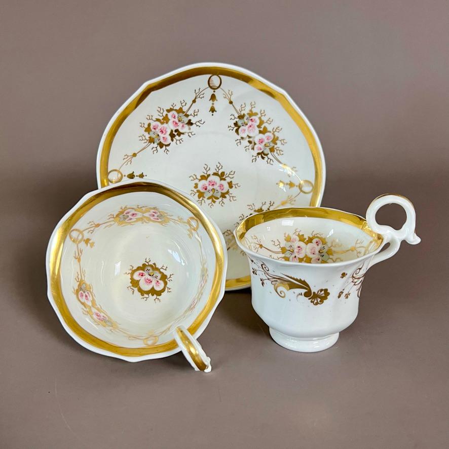 Hand-Painted Samuel Alcock Solitaire Tea Set, White with Pink Flowers, Rococo Revival ca 1826