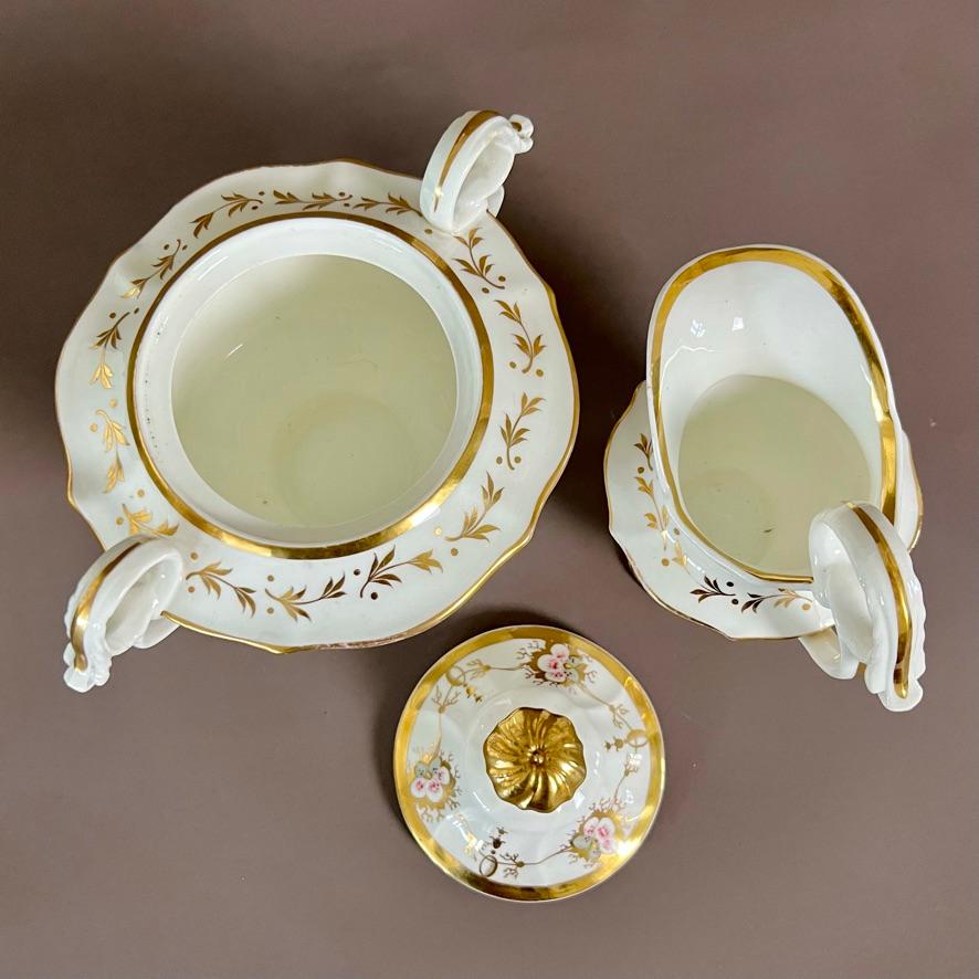 Samuel Alcock Solitaire Tea Set, White with Pink Flowers, Rococo Revival ca 1826 1