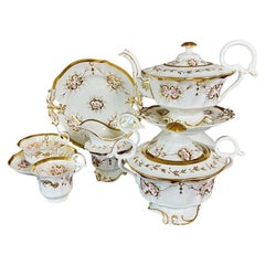 Antique Samuel Alcock Solitaire Tea Set, White with Pink Flowers, Rococo Revival ca 1826