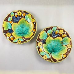 Samuel Alcock Strawberry & Grape Leaf Majolica Plates, Set of Two