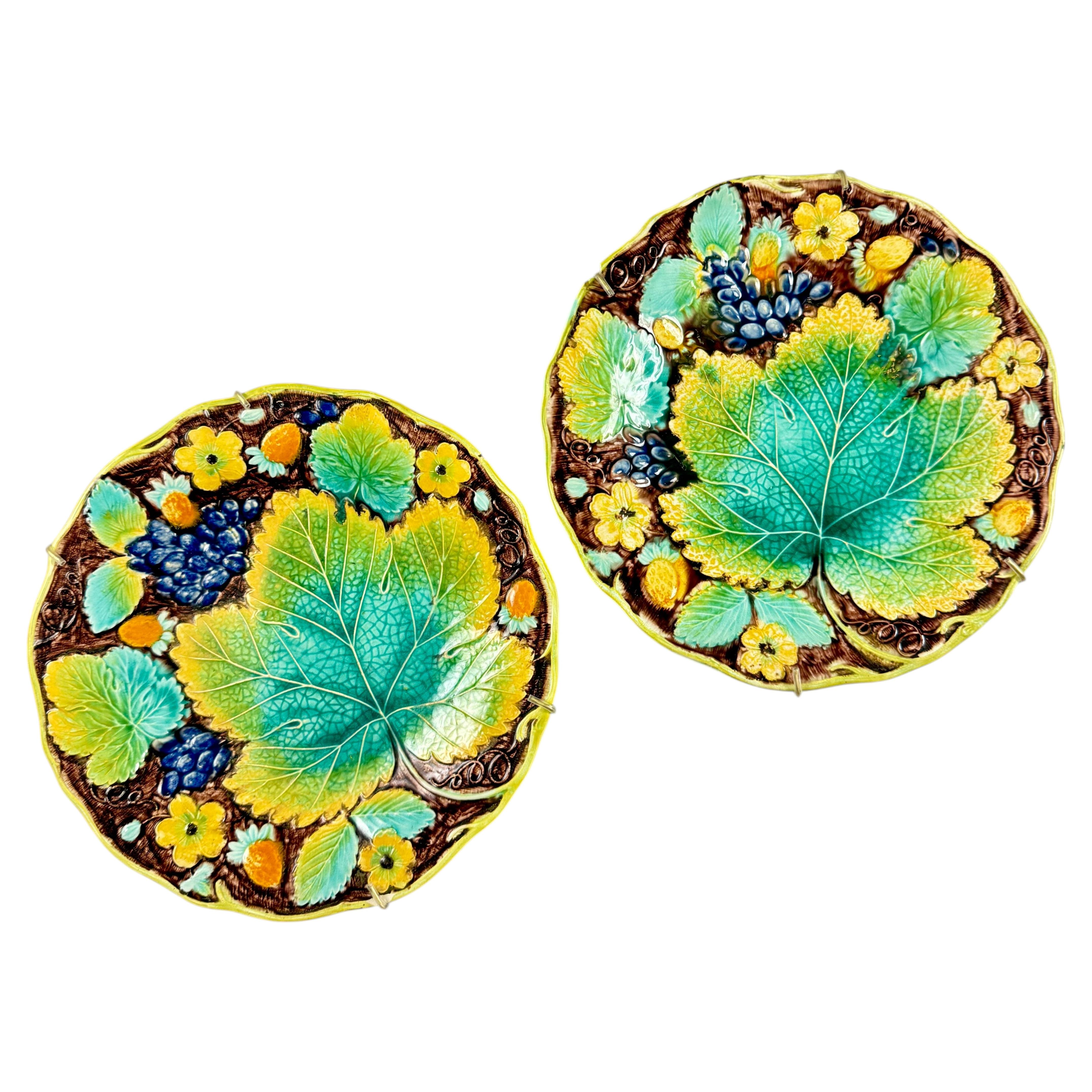 Samuel Alcock Strawberry & Grape Leaf Majolica Plates, Set of Two