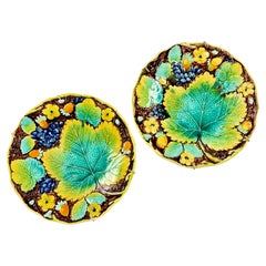 Samuel Alcock Strawberry & Grape Leaf Majolica Plates, Set of Two