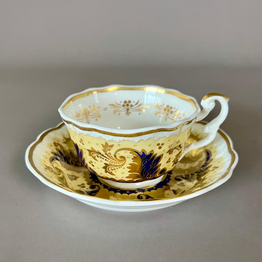 Early 19th Century Samuel Alcock Teacup and Milk Jug, Pale Yellow, Gilt and Flowers, ca 1824 For Sale