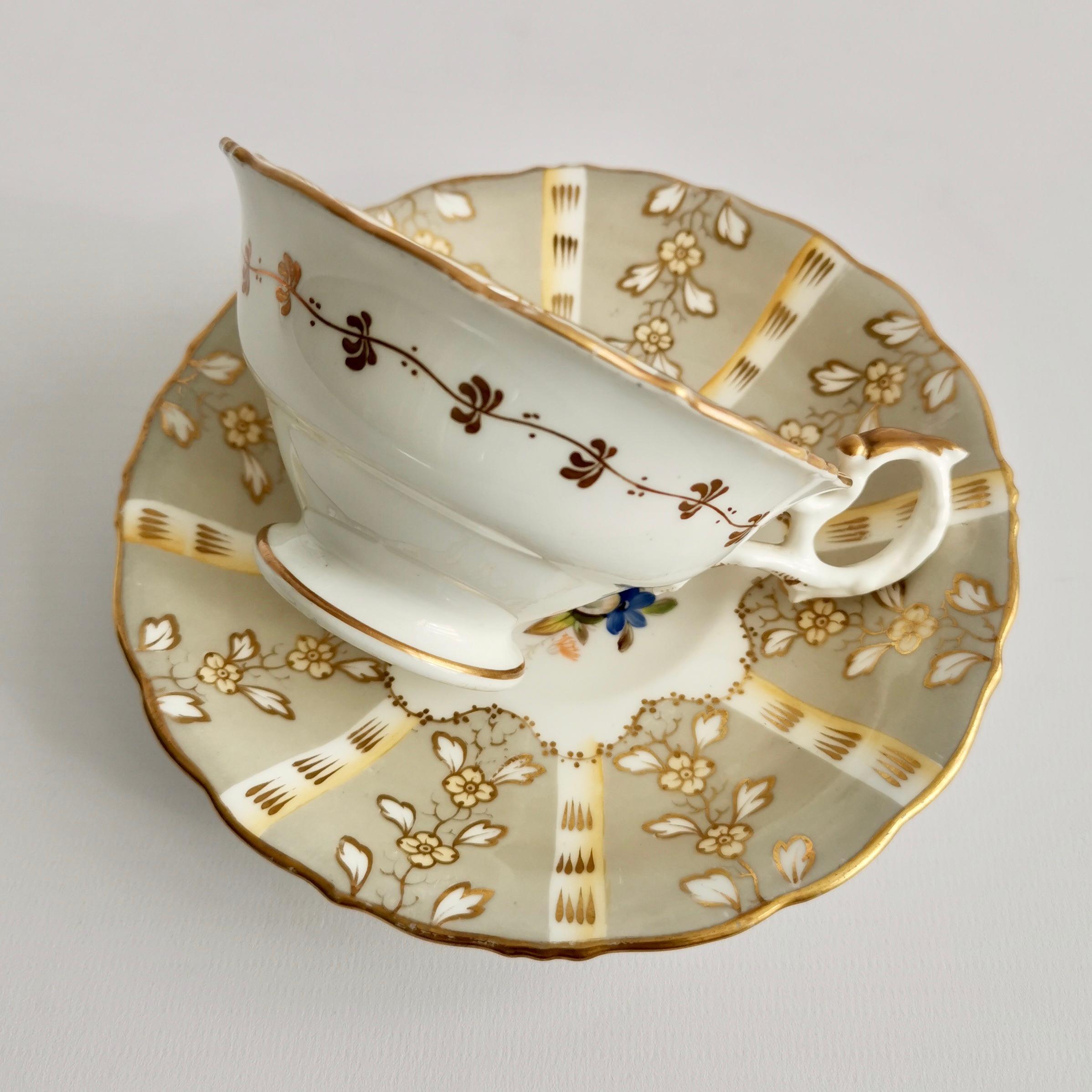 Hand-Painted Samuel Alcock Teacup, Grey Striped with Flower Rococo Revival, circa 1845
