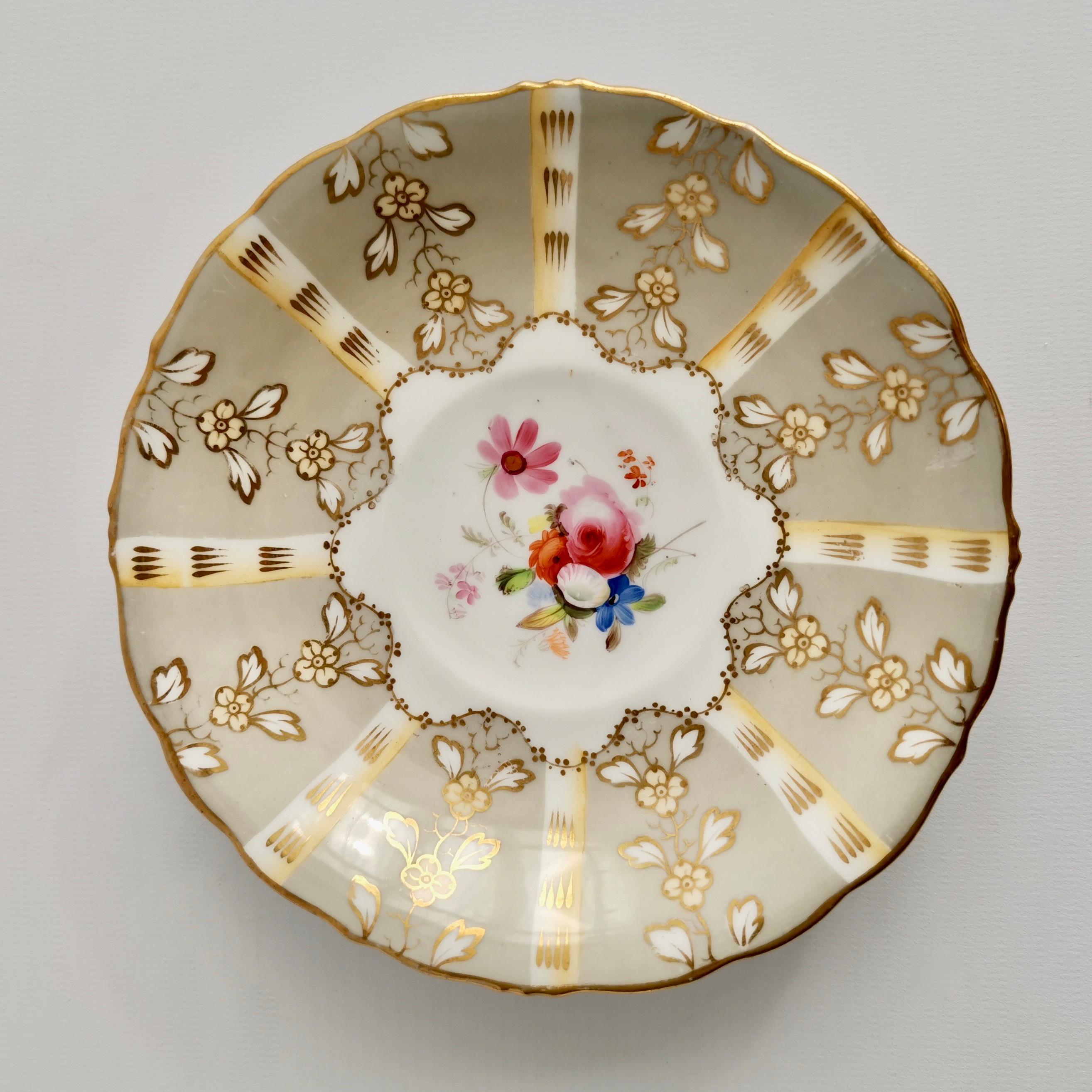 Samuel Alcock Teacup, Grey Striped with Flower Rococo Revival, circa 1845 In Good Condition In London, GB