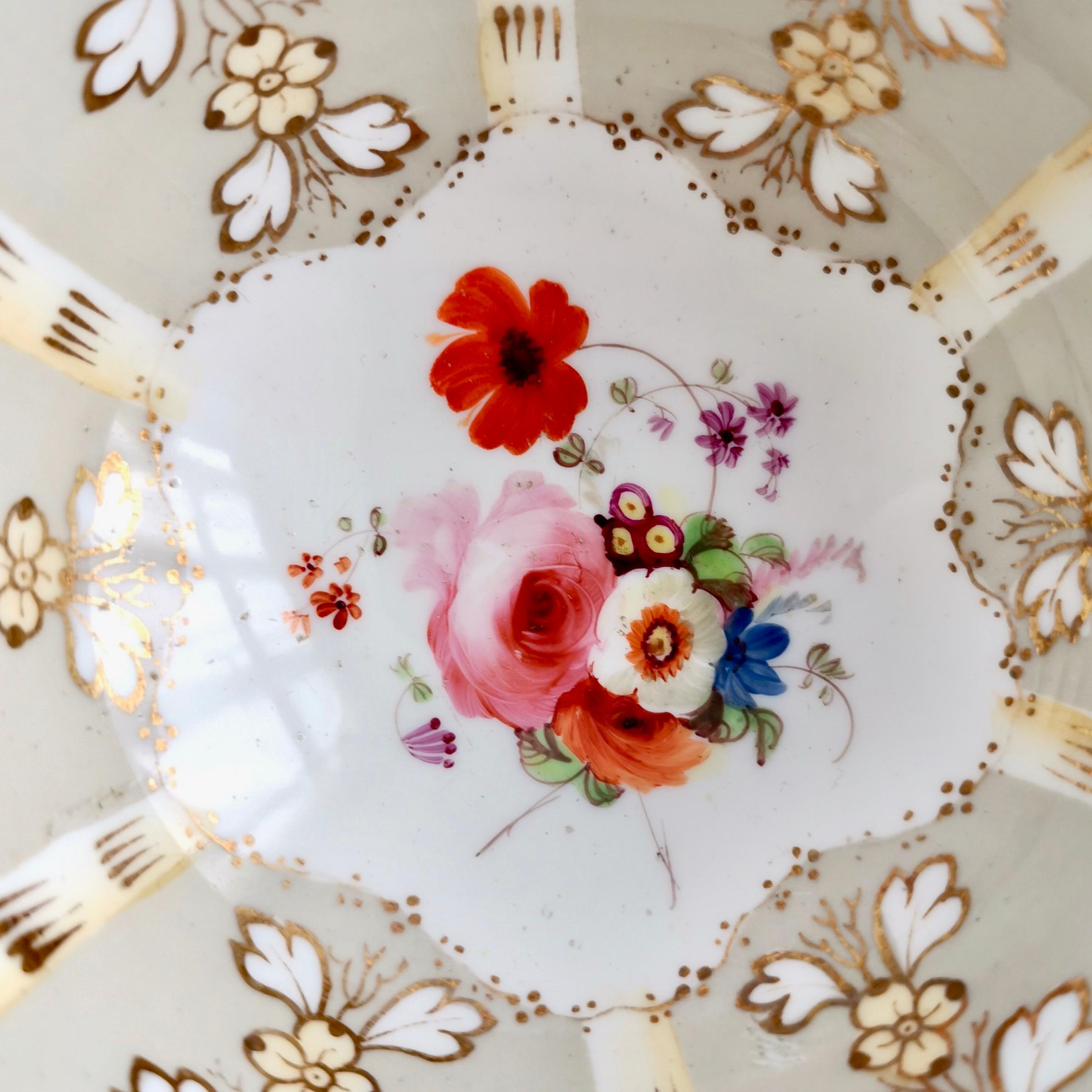Porcelain Samuel Alcock Teacup, Grey Striped with Flower Rococo Revival, circa 1845