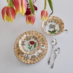 Samuel Alcock Teacup Trio, Beige with Hand Painted Flowers, Rococo Revival 1841