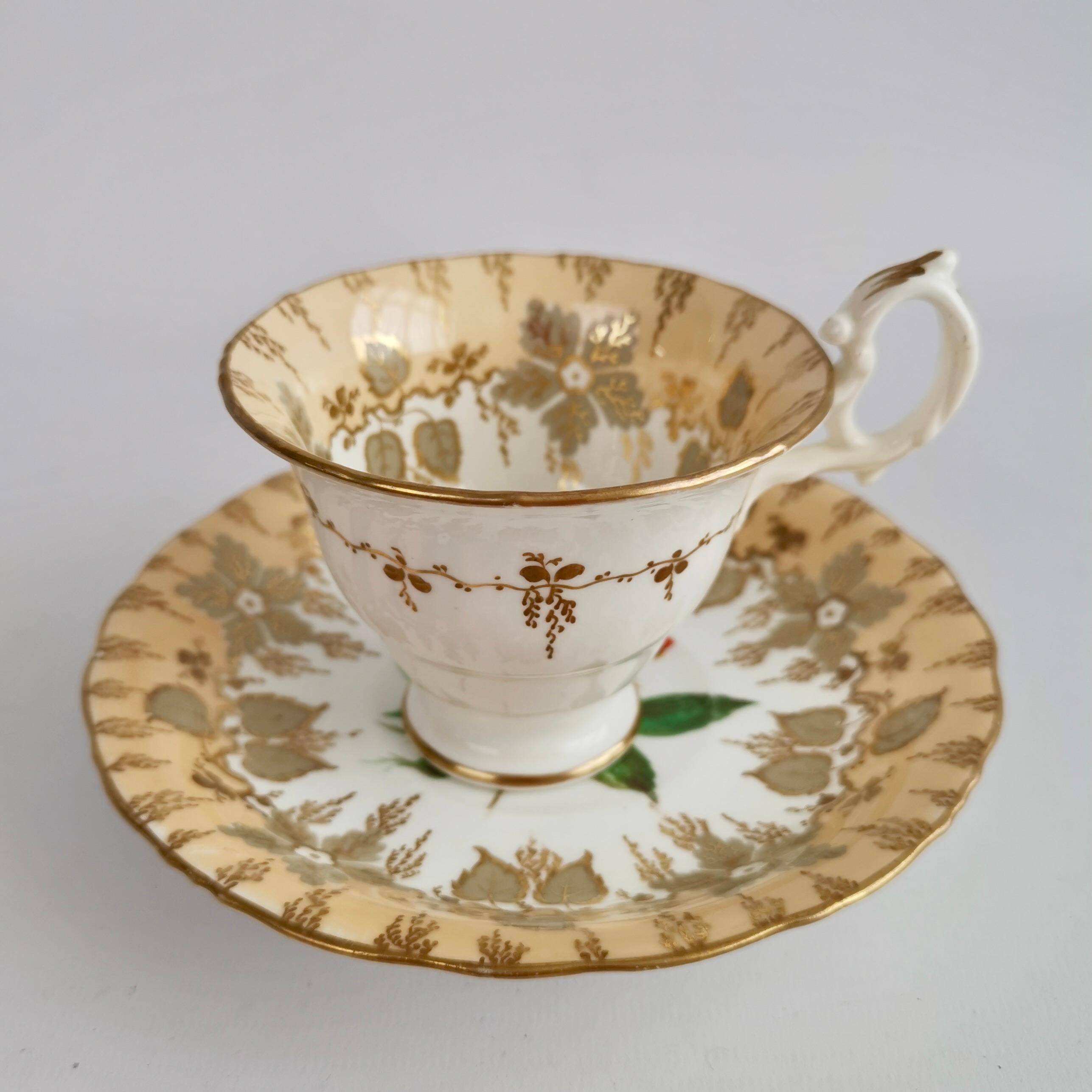 English Samuel Alcock Teacup Trio, Beige with Hand Painted Flowers, Rococo Revival 1841 For Sale