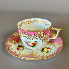 Samuel Alcock Teacup Trio, Pink with Fine Fruit Reserves, Victorian ca 1850