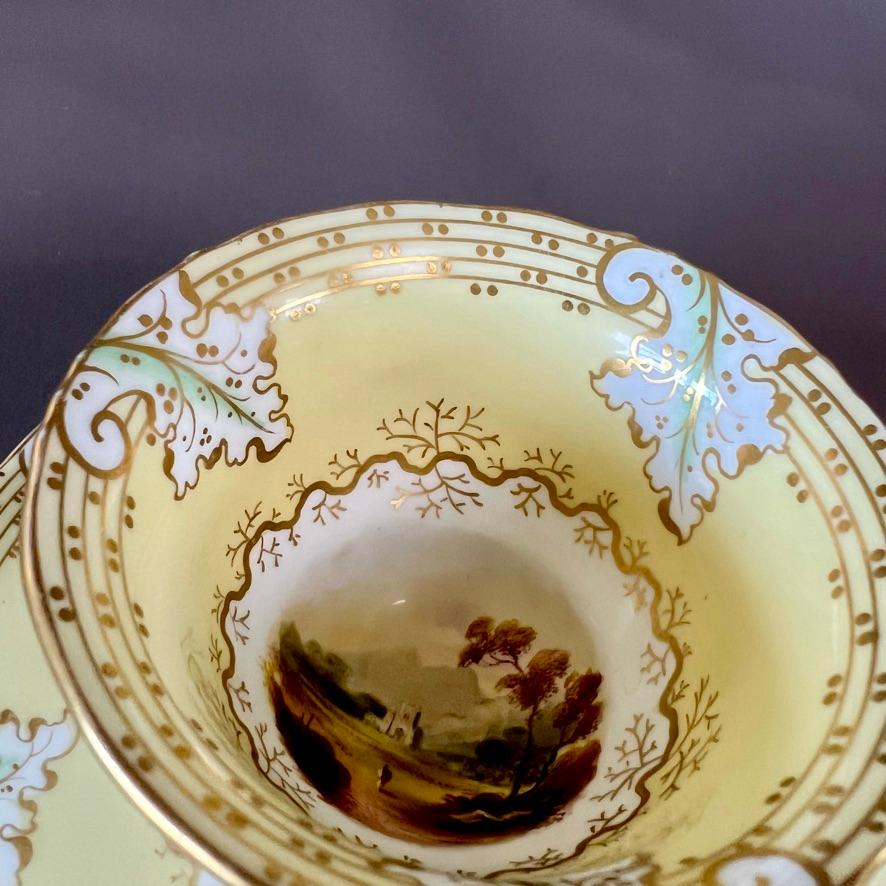 Samuel Alcock Teacup Trio, Yellow with Fine Romantic Landscapes, ca 1845 For Sale 2