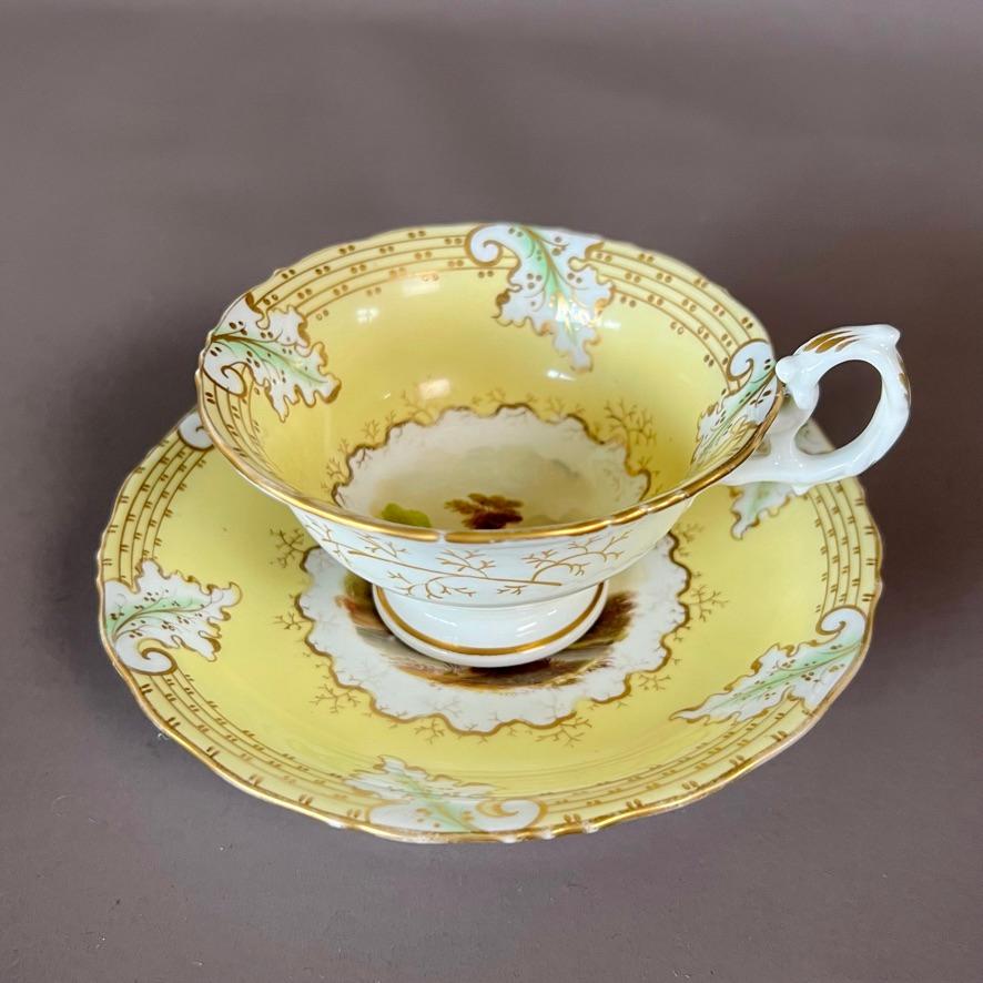 A true trio consisting of a teacup, a coffee cup and a saucer, “rustic bean” shape, in beautiful yellow pattern with acanthus leaves and very finely painted romantic landscapes with stately homes and figures

Pattern 1/178
Year: ca 1845
Size: teacup