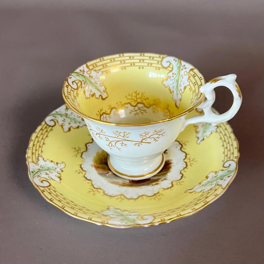 Victorian Samuel Alcock Teacup Trio, Yellow with Fine Romantic Landscapes, ca 1845 For Sale