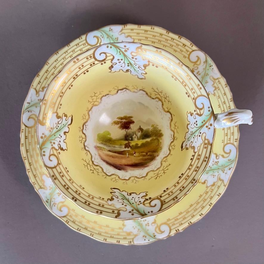 English Samuel Alcock Teacup Trio, Yellow with Fine Romantic Landscapes, ca 1845 For Sale