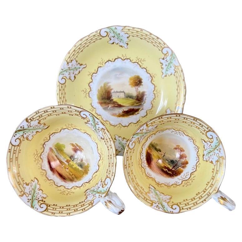 Samuel Alcock Teacup Trio, Yellow with Fine Romantic Landscapes, ca 1845 For Sale