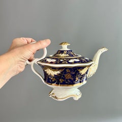 Samuel Alcock Teapot, Cobalt Blue with Gilt Vines, "Writhen" Shape, ca 1826