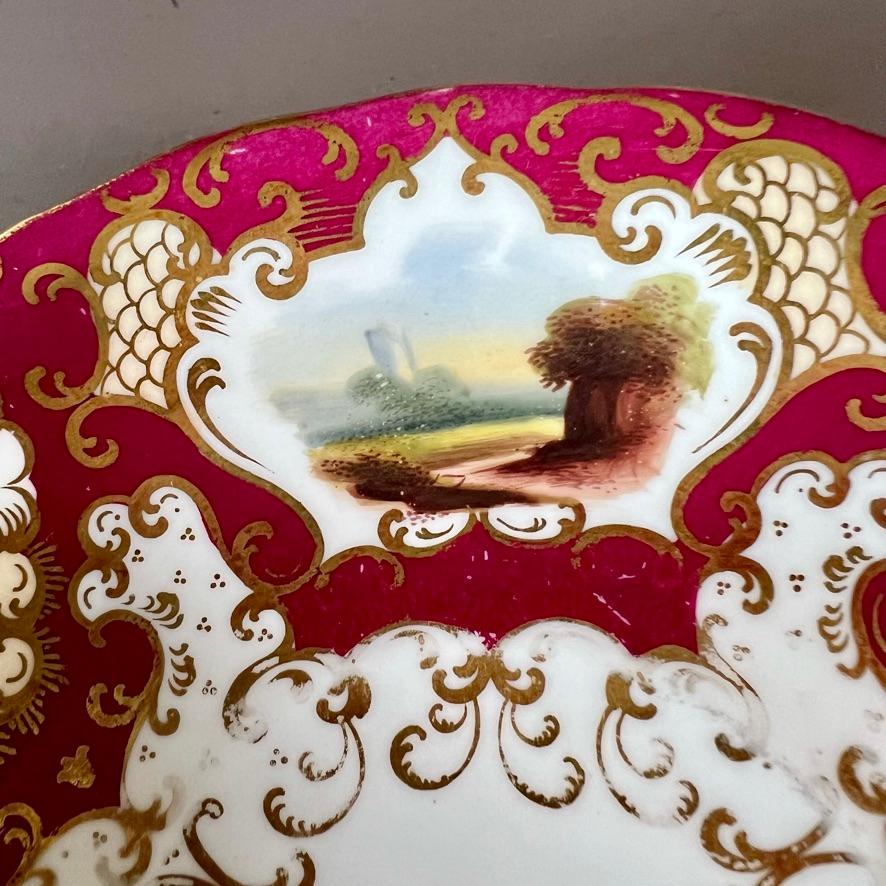 Samuel Alcock Tearcup Trio, Maroon, Yellow, Gilt and Fine Landscapes, ca 1845 For Sale 4