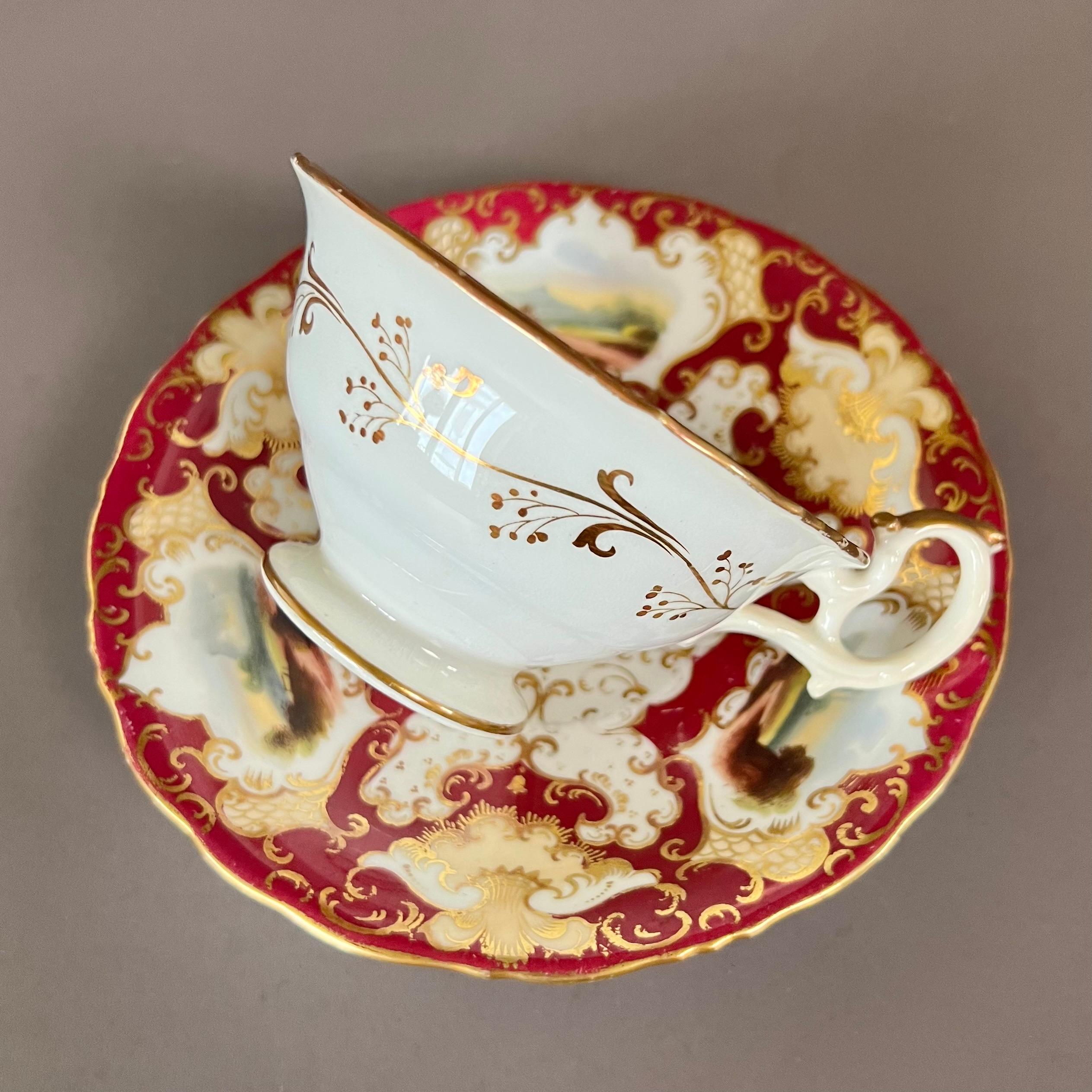 English Samuel Alcock Tearcup Trio, Maroon, Yellow, Gilt and Fine Landscapes, ca 1845 For Sale