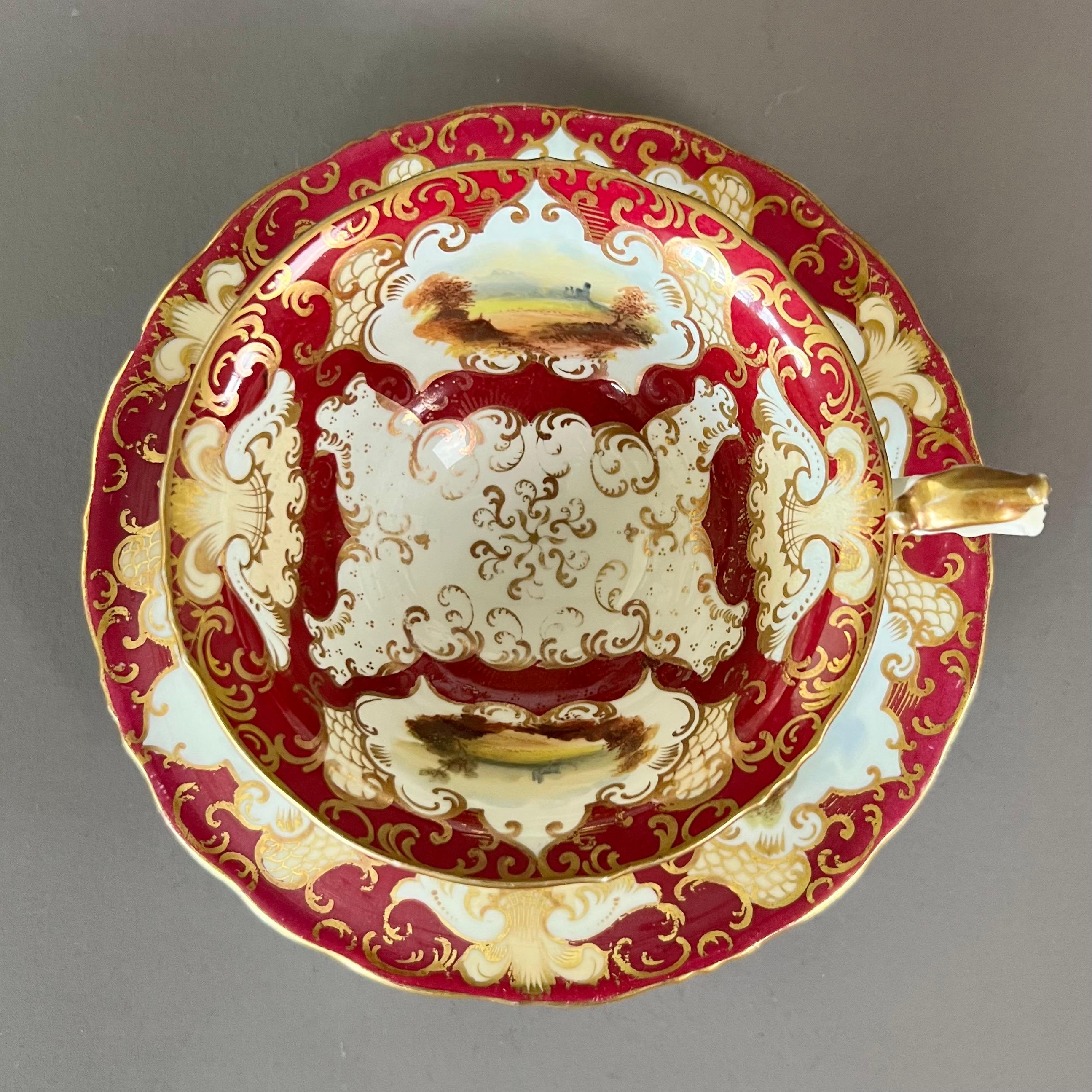 Hand-Painted Samuel Alcock Tearcup Trio, Maroon, Yellow, Gilt and Fine Landscapes, ca 1845 For Sale