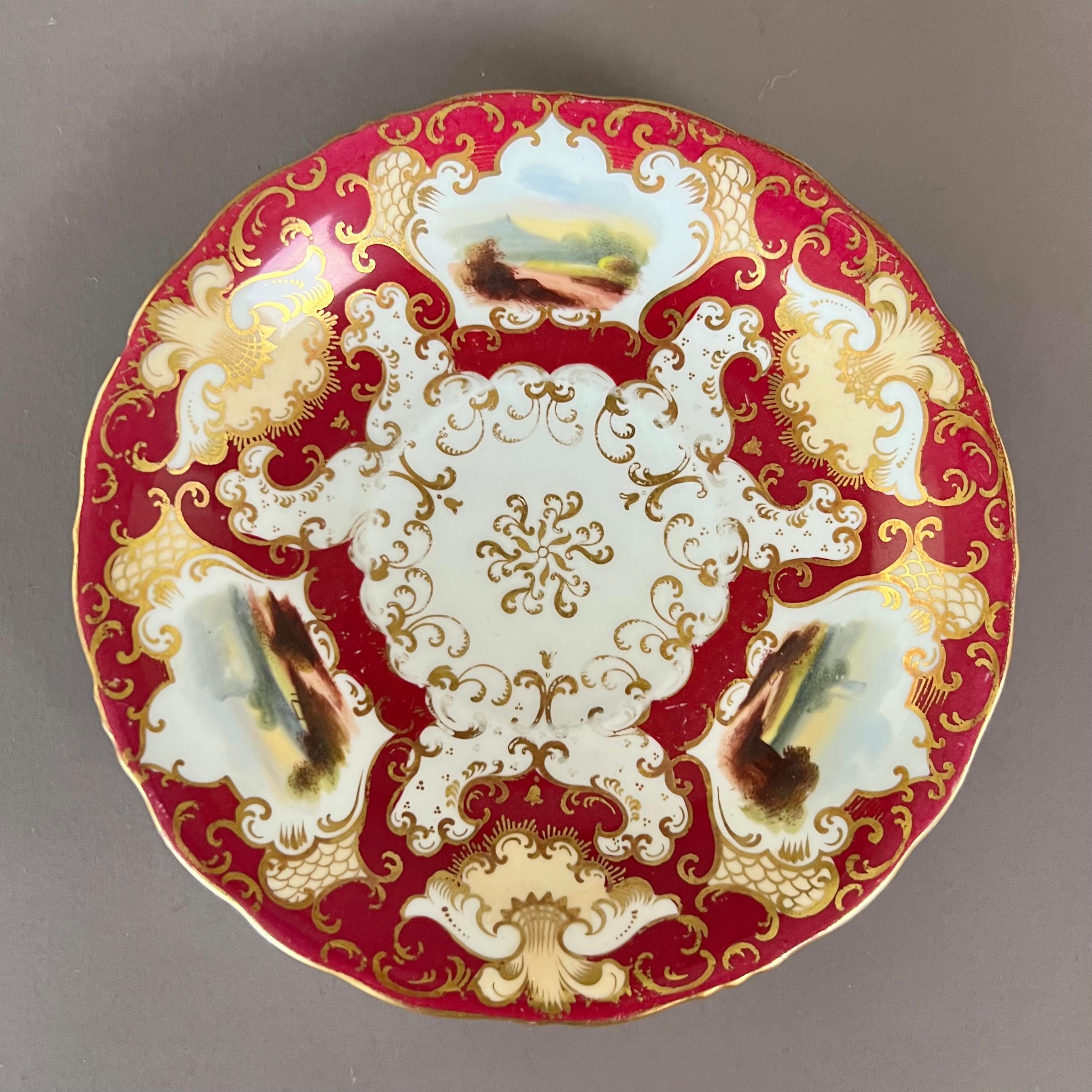Samuel Alcock Tearcup Trio, Maroon, Yellow, Gilt and Fine Landscapes, ca 1845 In Good Condition For Sale In London, GB