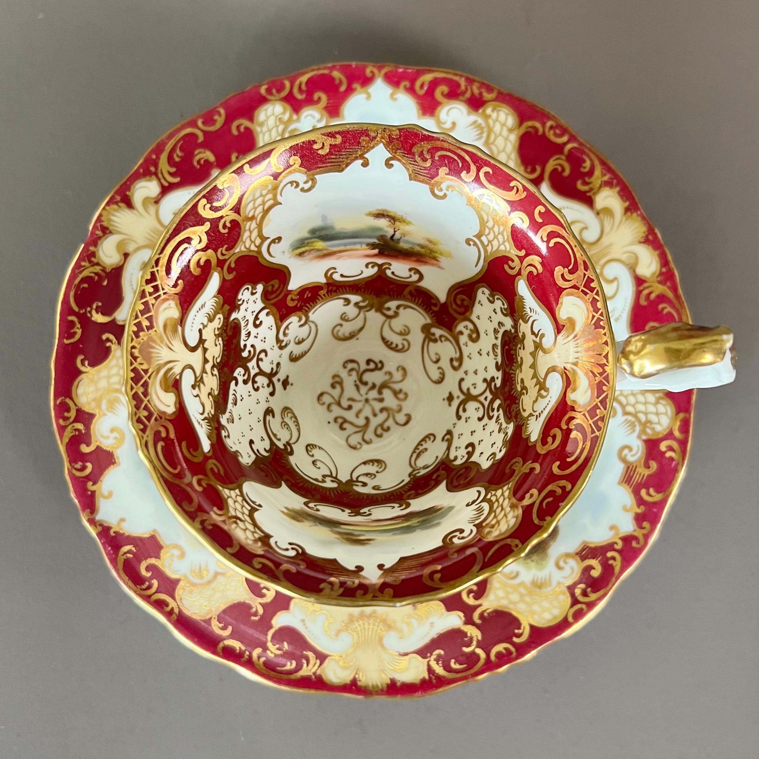 Mid-19th Century Samuel Alcock Tearcup Trio, Maroon, Yellow, Gilt and Fine Landscapes, ca 1845 For Sale