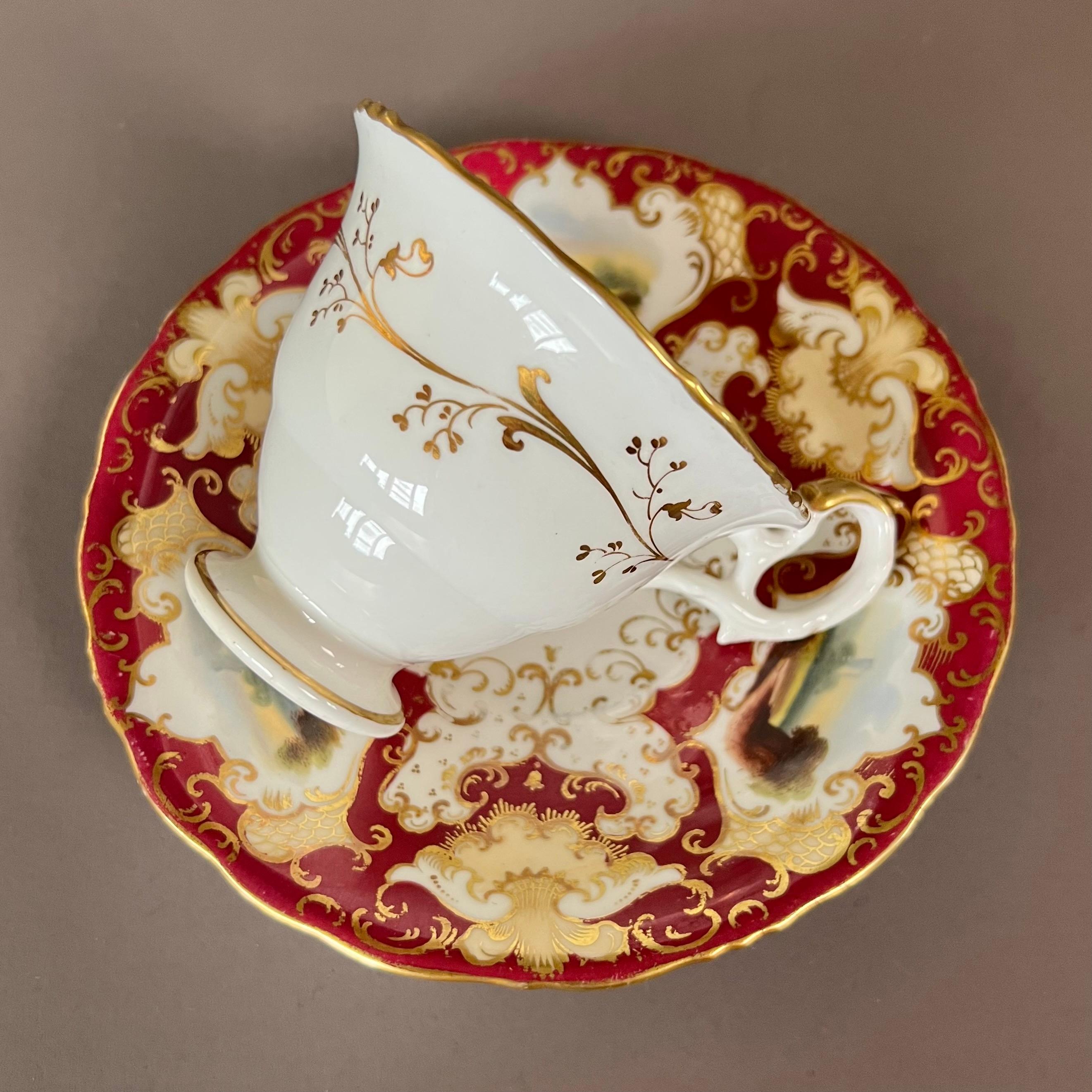 Porcelain Samuel Alcock Tearcup Trio, Maroon, Yellow, Gilt and Fine Landscapes, ca 1845 For Sale