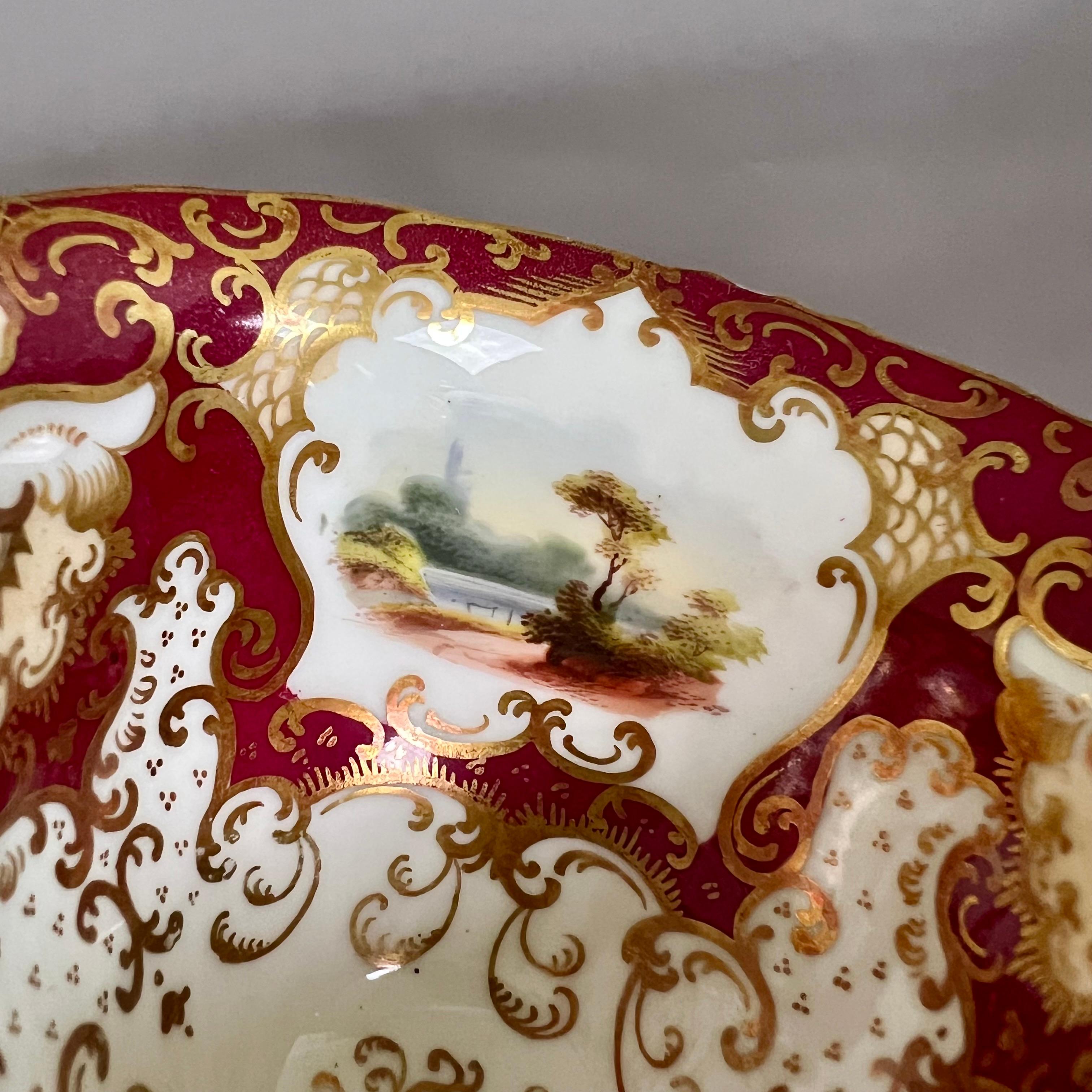 Samuel Alcock Tearcup Trio, Maroon, Yellow, Gilt and Fine Landscapes, ca 1845 For Sale 1