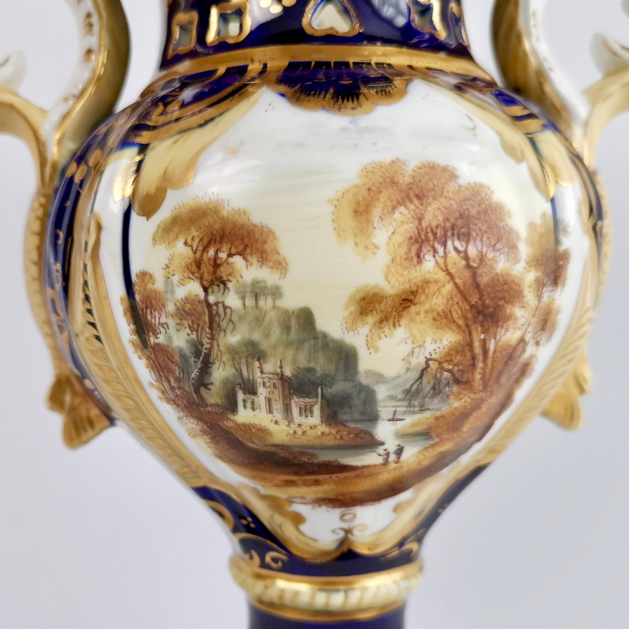 English Samuel Alcock Griffin Vase, Cobalt Blue with Landscapes, Rococo Revival, ca 1840 For Sale
