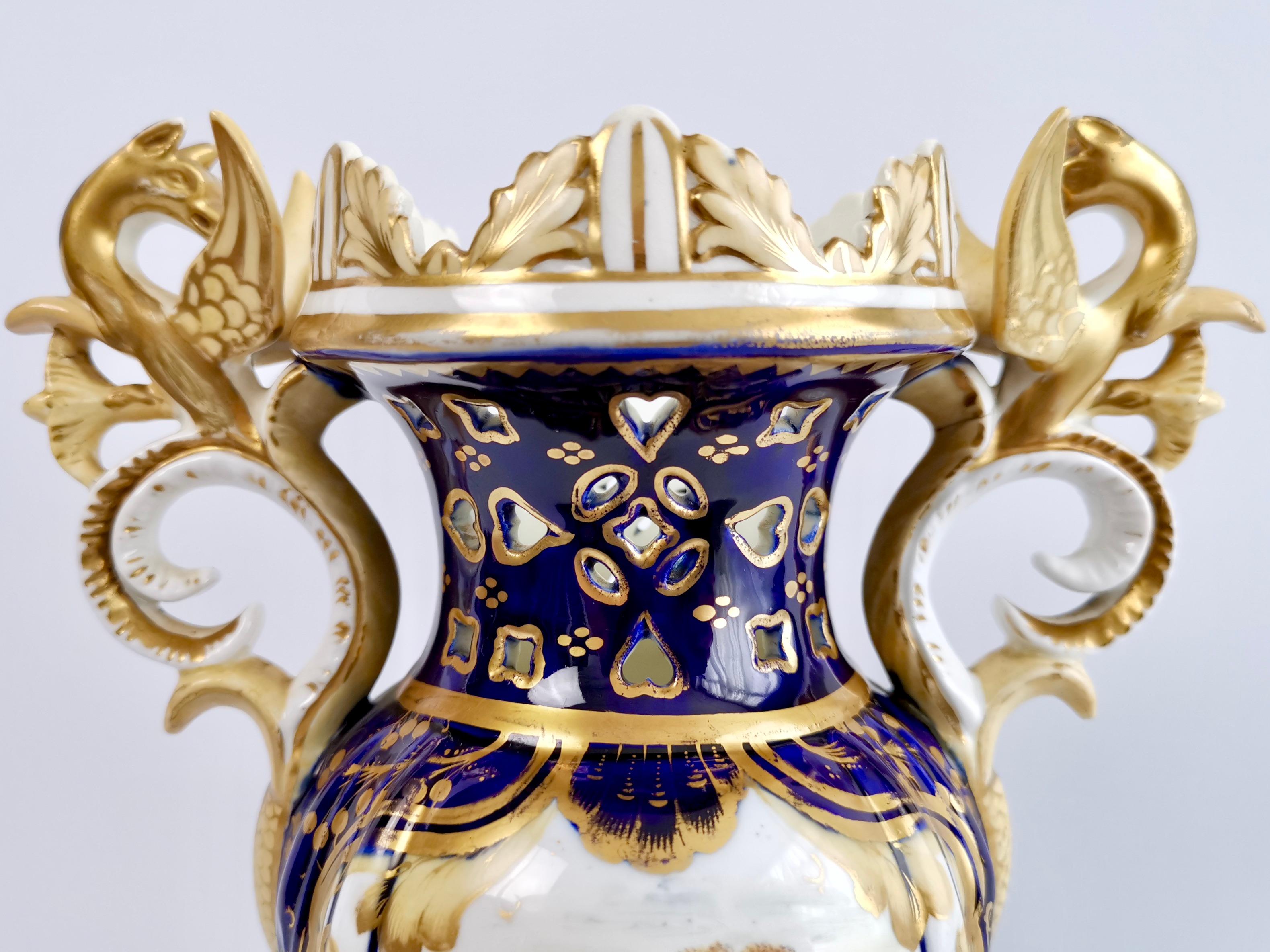 Hand-Painted Samuel Alcock Griffin Vase, Cobalt Blue with Landscapes, Rococo Revival, ca 1840