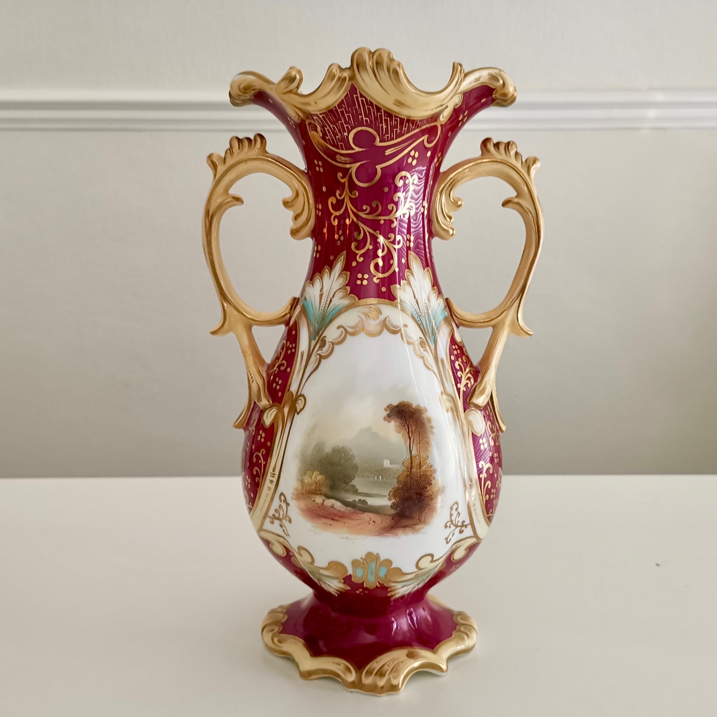 Néo-rococo Vase en porcelaine de Samuel Alcock, Maroon avec paysages, néo-rococo, vers 1840 en vente