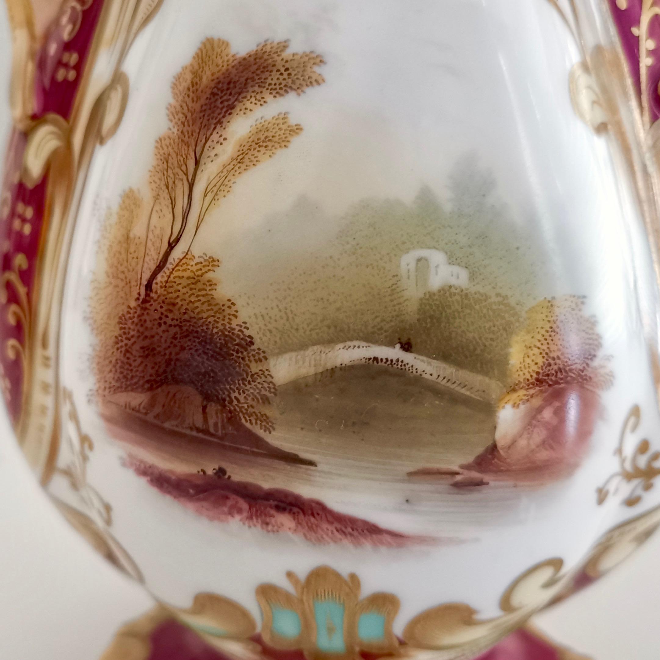 English Samuel Alcock Porcelain Vase, Maroon with Landscapes, Rococo Revival, ca 1840 For Sale