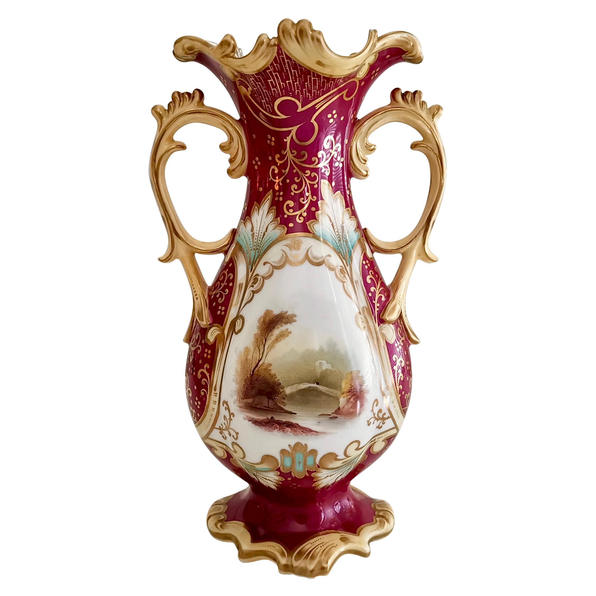 Samuel Alcock Porcelain Vase, Maroon with Landscapes, Rococo Revival, ca 1840