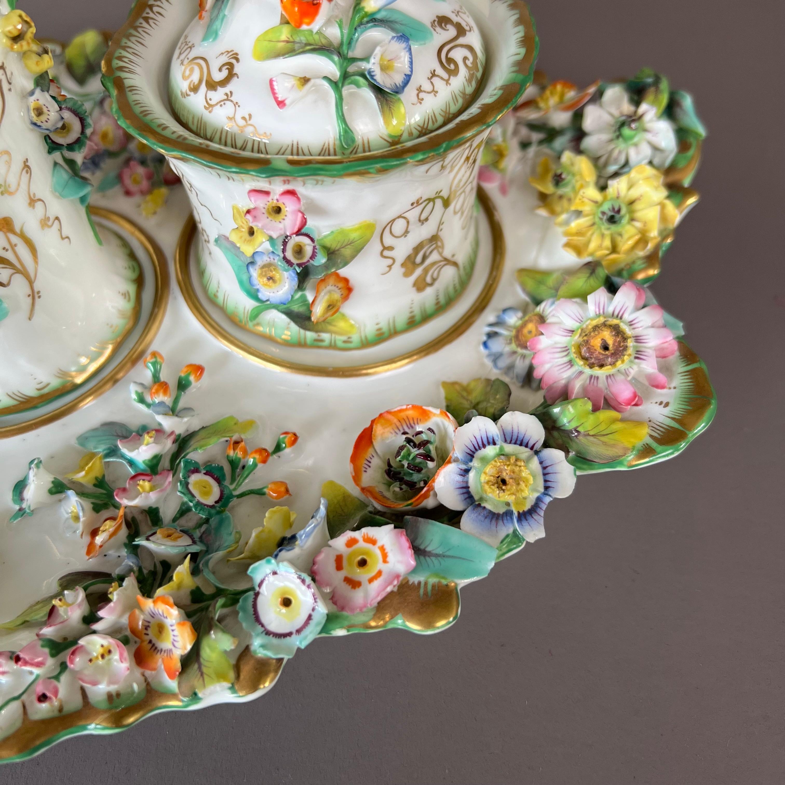 Samuel Alcock Writing Desk Set Coalbrookdale Porcelain Encrusted Flowers, ca1830 For Sale 6