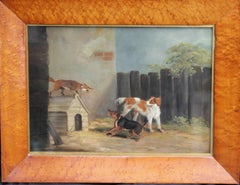 Fox on Dog Kennel - British 19thC art oil painting animal portrait hunting sport