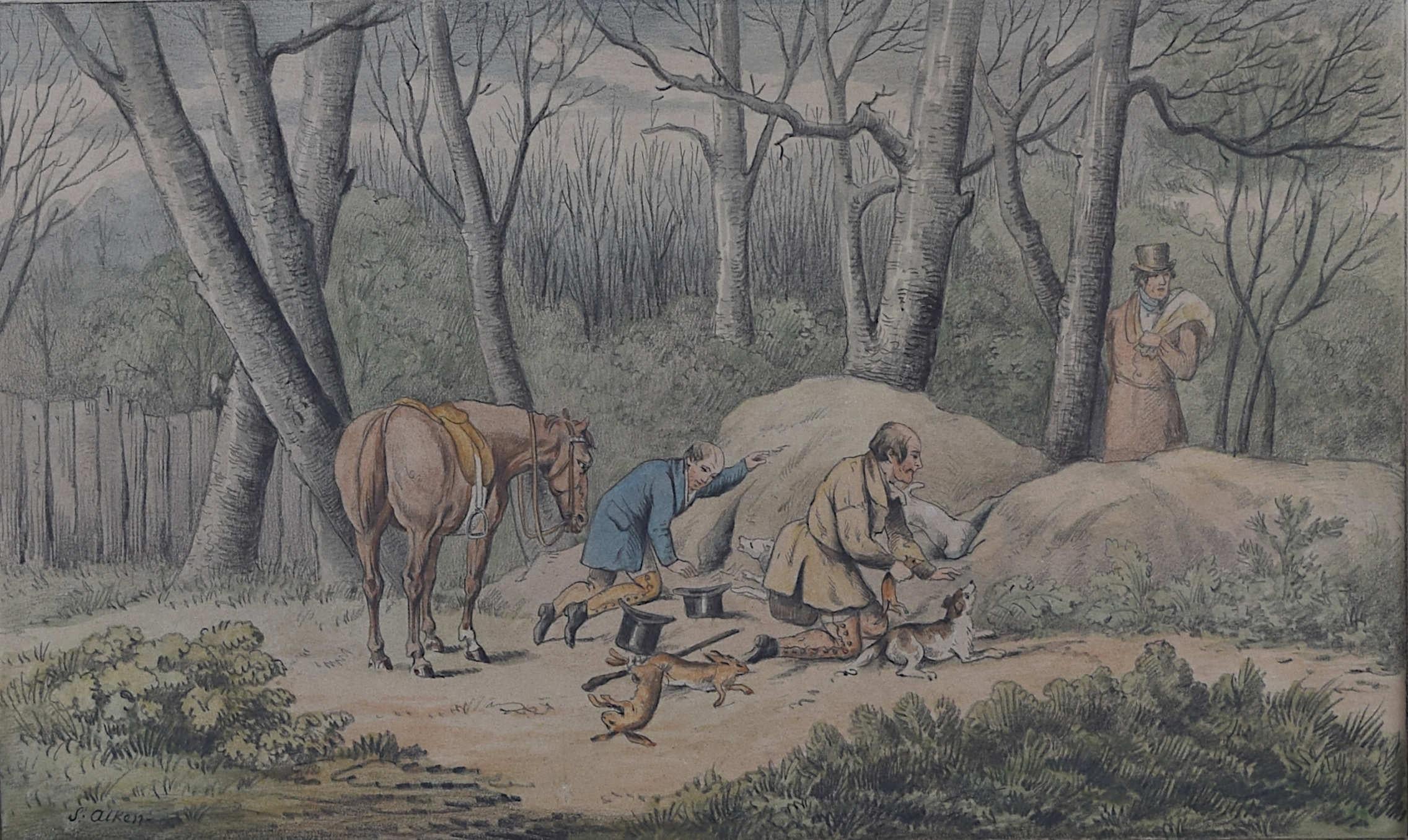 Poachers ferretting rabbits, watercolour after Samuel Alken Jnr.