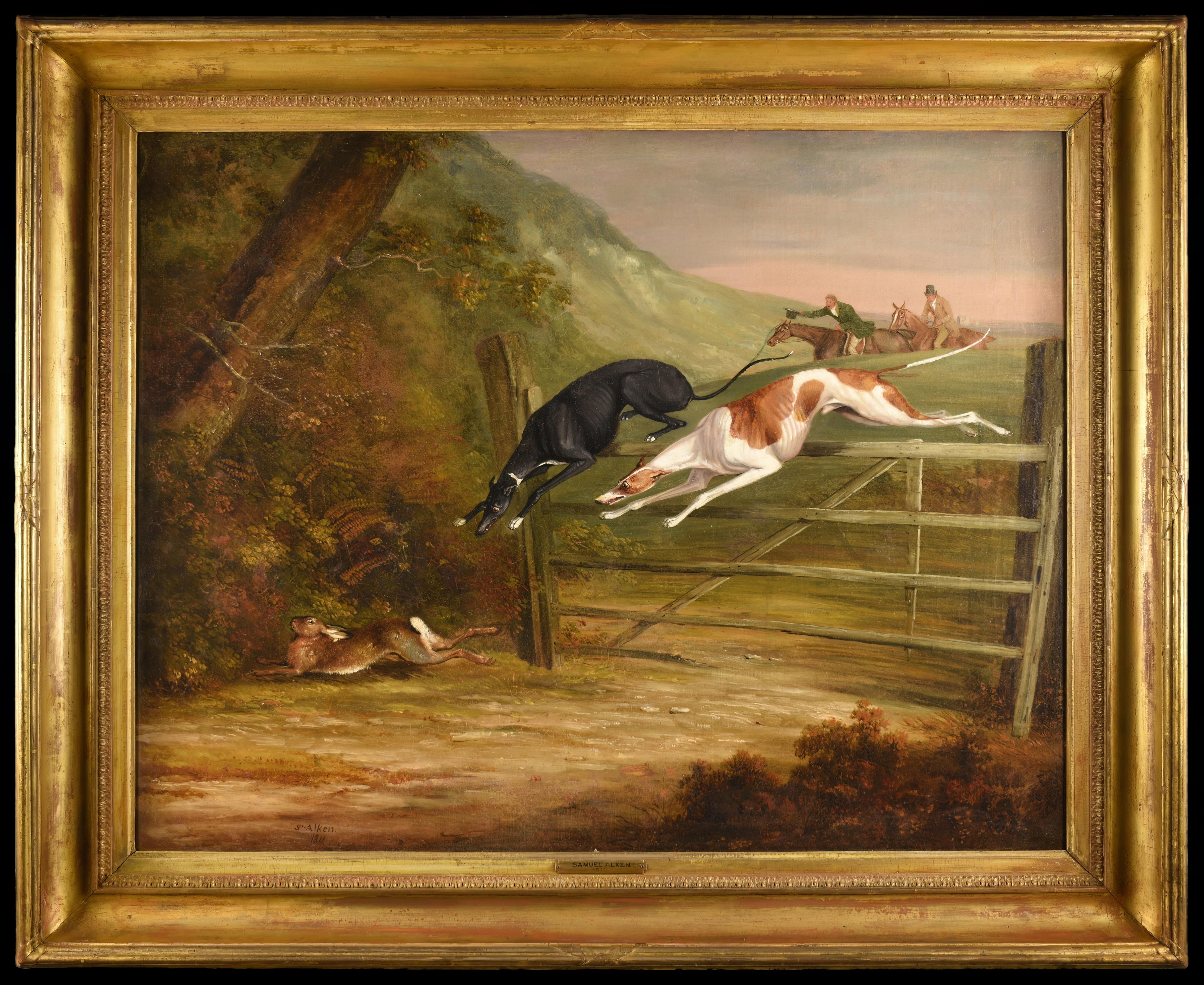 British hunting scene, dogs chasing a hare in the countryside