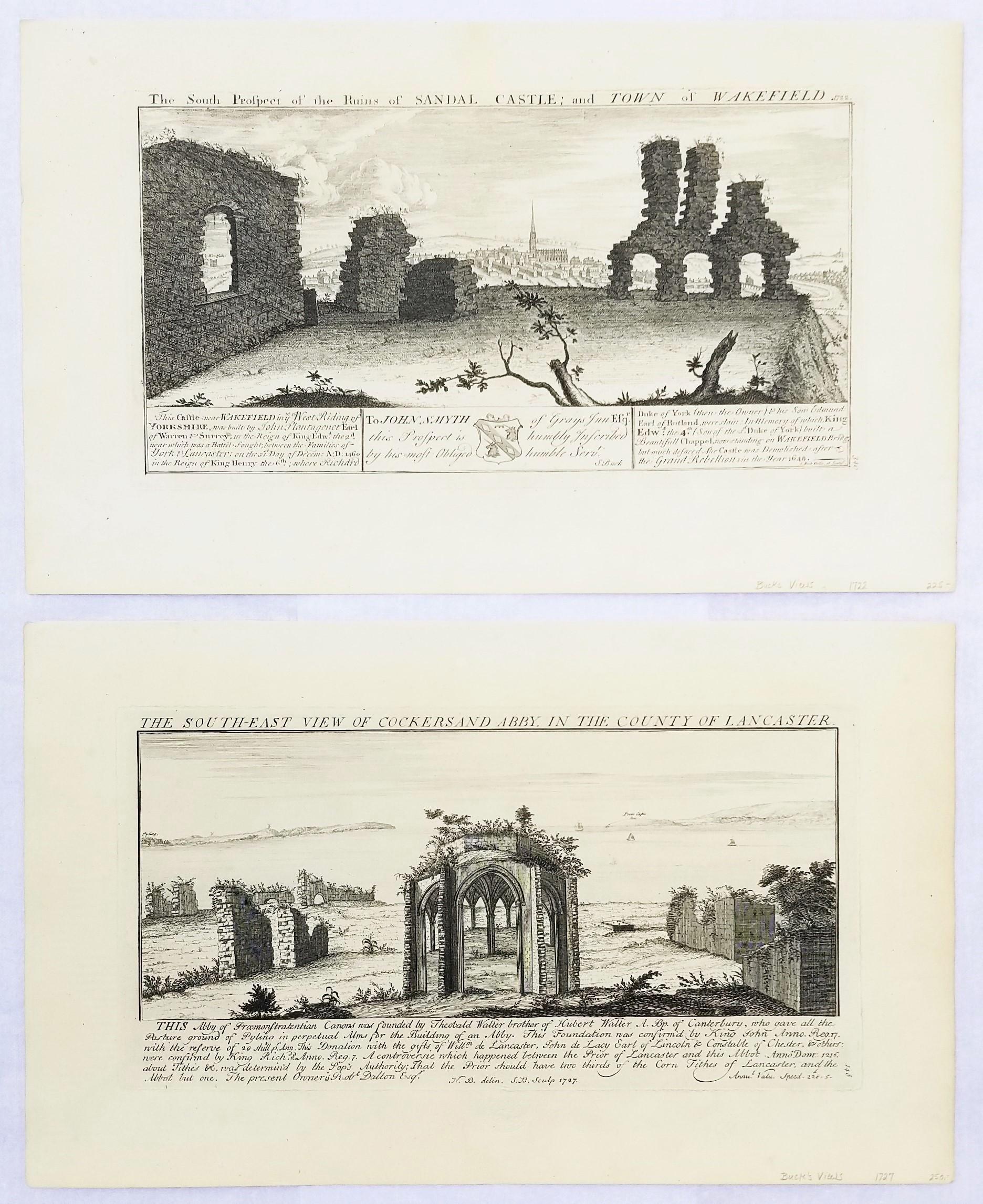 Samuel & Nathaniel Buck Landscape Print - "Cockersand Abbey" and "Sandal Castle" from "Buck's Antiquities" /// British Art