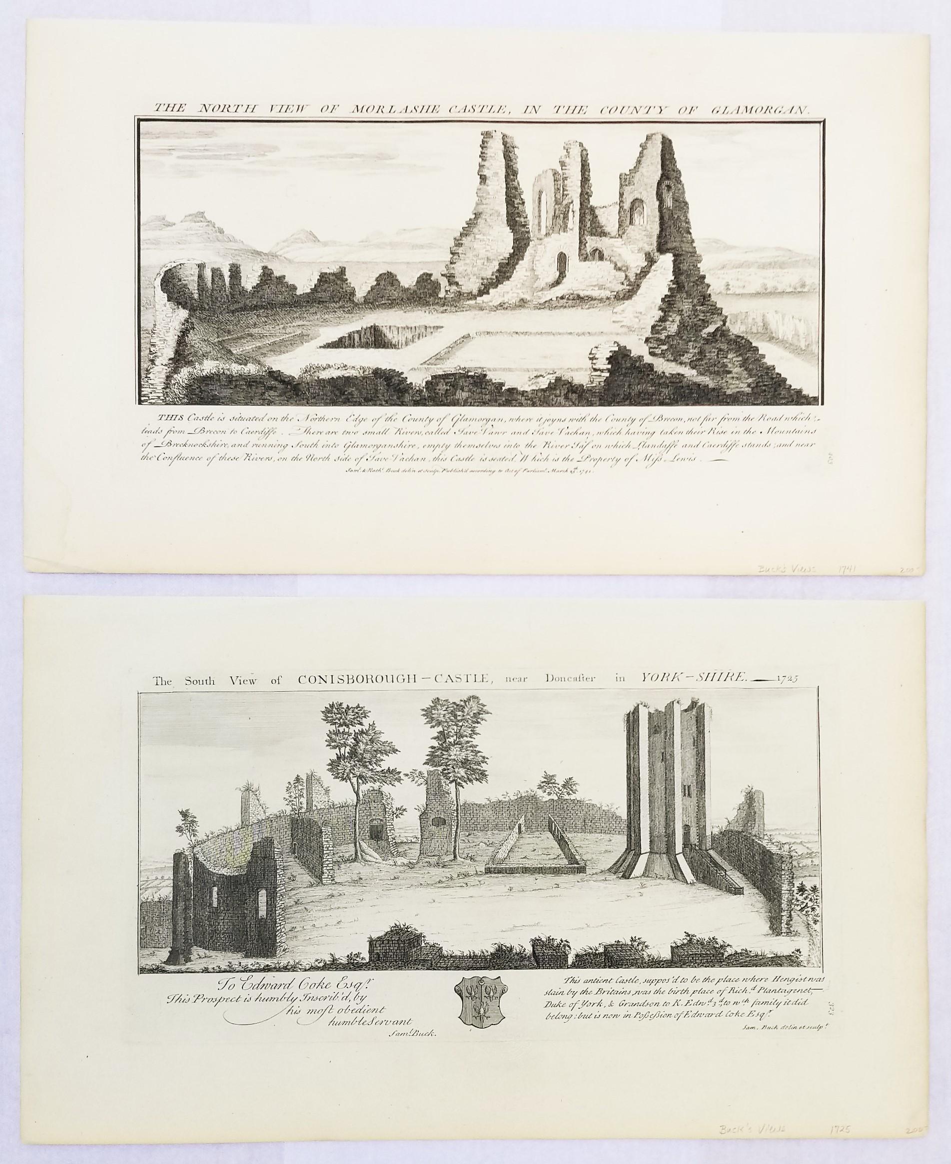 Samuel & Nathaniel Buck Landscape Print - "Conisborough Castle" and "Morlashe Castle" from "Buck's Antiquities" /// UK Art