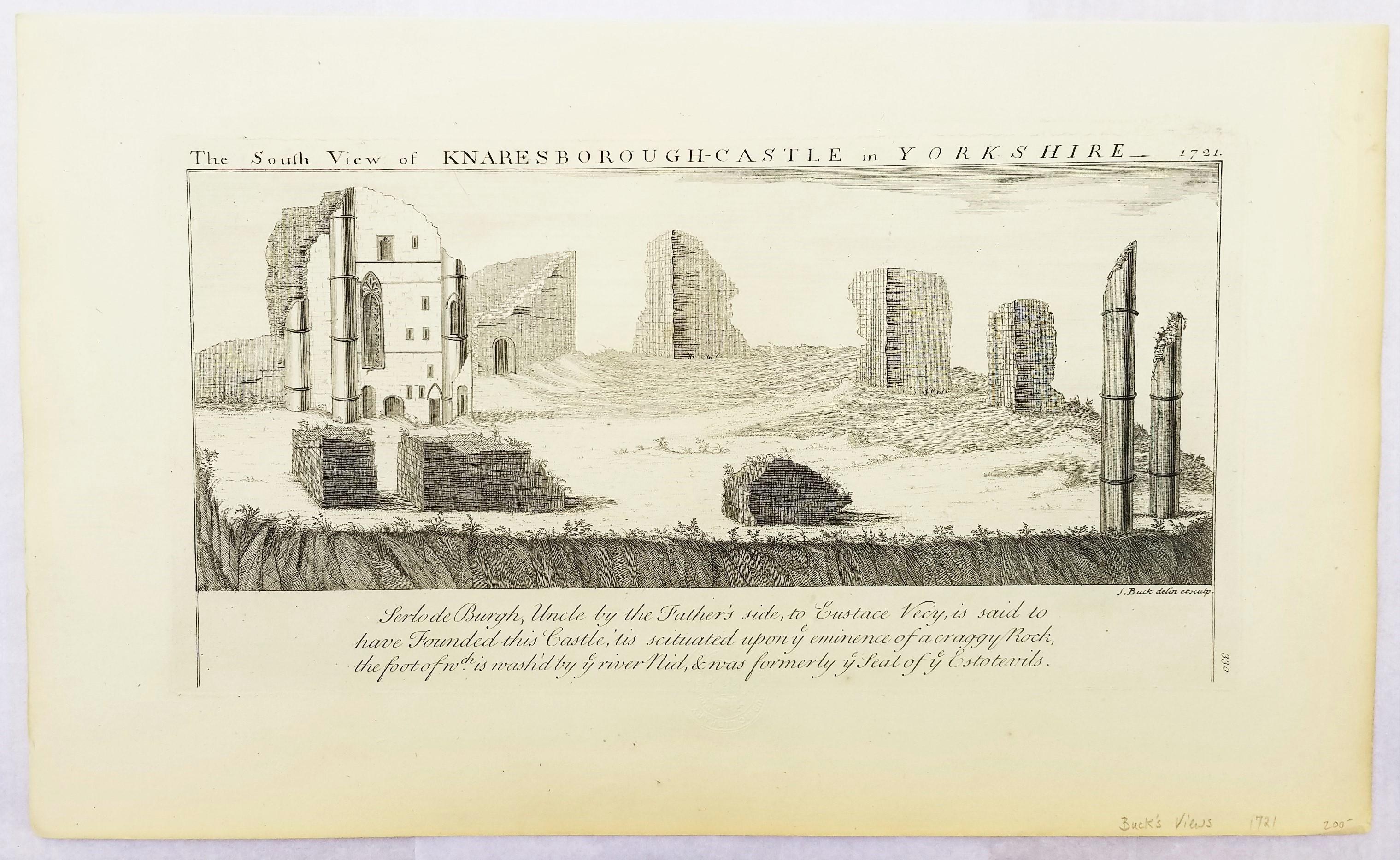 „Knaresborough Castle“ und „Sawley Abbey“ aus „Buck's Antiquities“ /// Britisch  (Alte Meister), Print, von Samuel & Nathaniel Buck