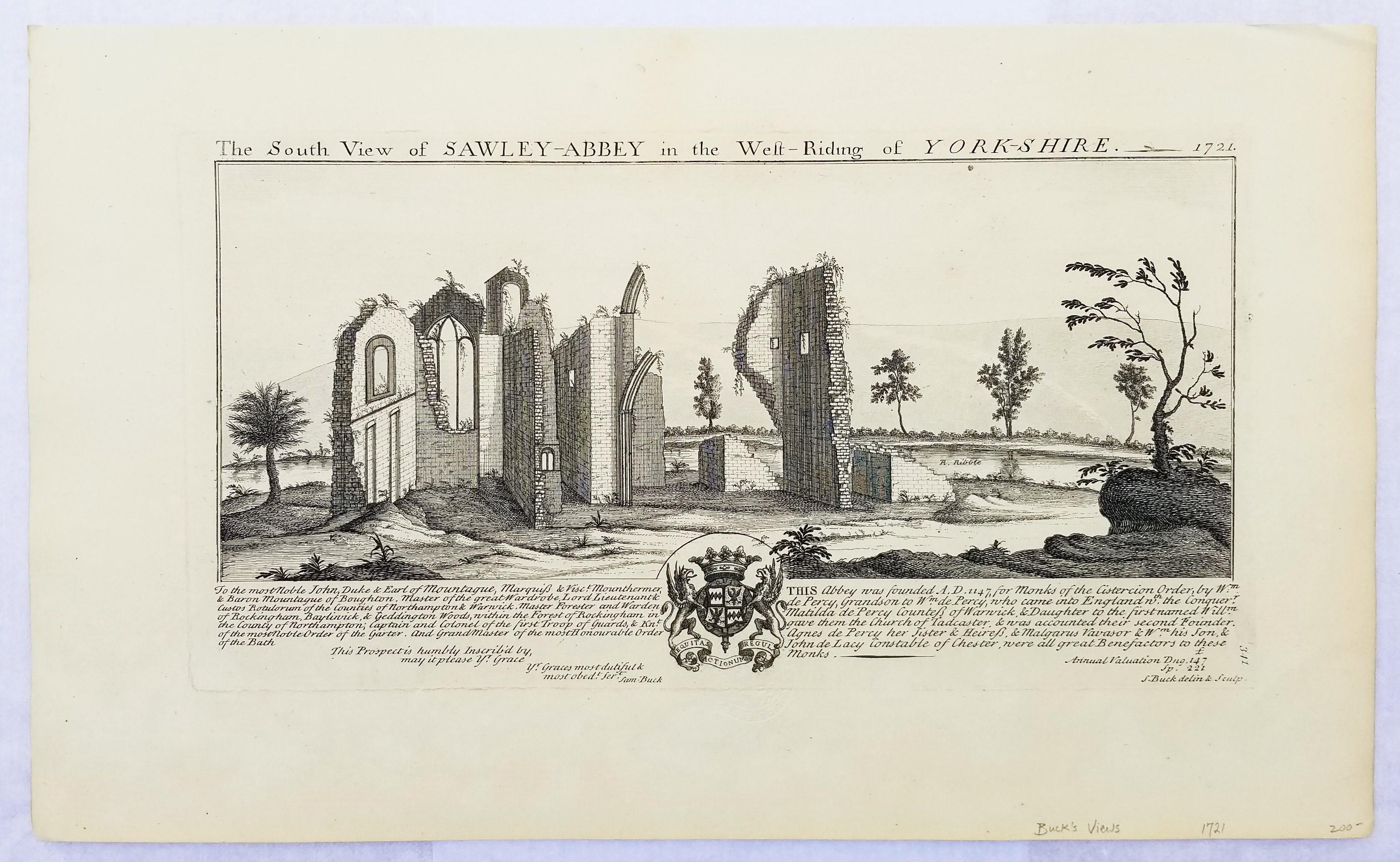 „Knaresborough Castle“ und „Sawley Abbey“ aus „Buck's Antiquities“ /// Britisch  im Angebot 1