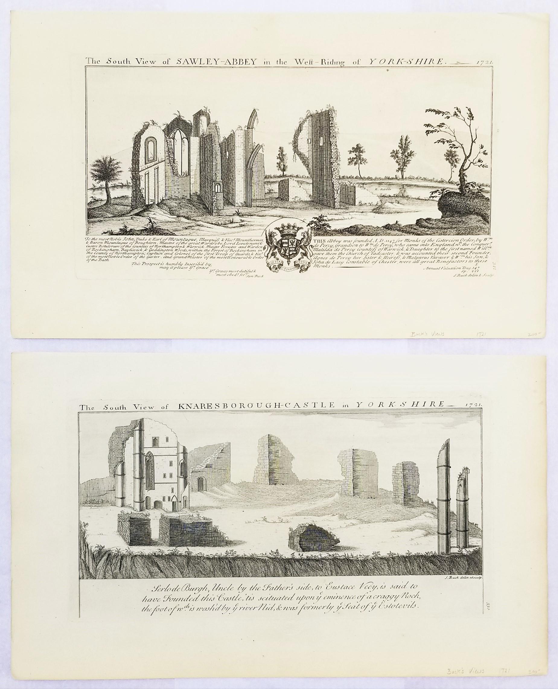 „Knaresborough Castle“ und „Sawley Abbey“ aus „Buck's Antiquities“ /// Britisch 